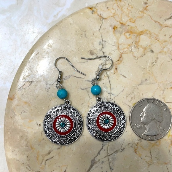 Boho Silver Round Turquoise Bead Drop  Earrings - Picture 11 of 14